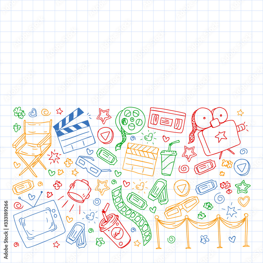 Online internet cinema pattern with vector icons for wrapping paper, posters, banners, leaflets. 3d movie, tv, musical. Online internet cinema pattern with vector icons for wrapping paper, posters, banners, leaflets. 3d movie, tv, musical.