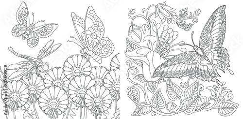 Coloring pages. Vintage butterflies among flowers. 