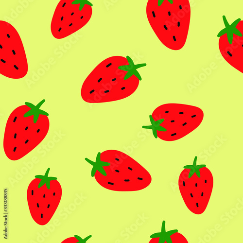 Fototapeta Naklejka Na Ścianę i Meble -  Simple vector seamless pattern. Strawberry on a yellow background. Doodle, flat, drawn textures for Wallpaper, textiles, fabric, paper.