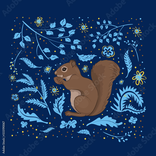 Vector illustration, a cute squirrel on a square dark blue background with light blue and yellow flowers, leaves, branches and spots.