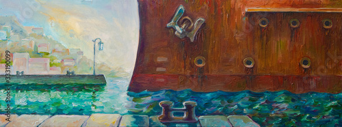 Fotografia A modern oil painting of an old and rusty battleship coming to the pier (artwork