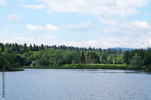 Mountain lake with cold dark water surrounded by green forest under a blue sky on a sunny day