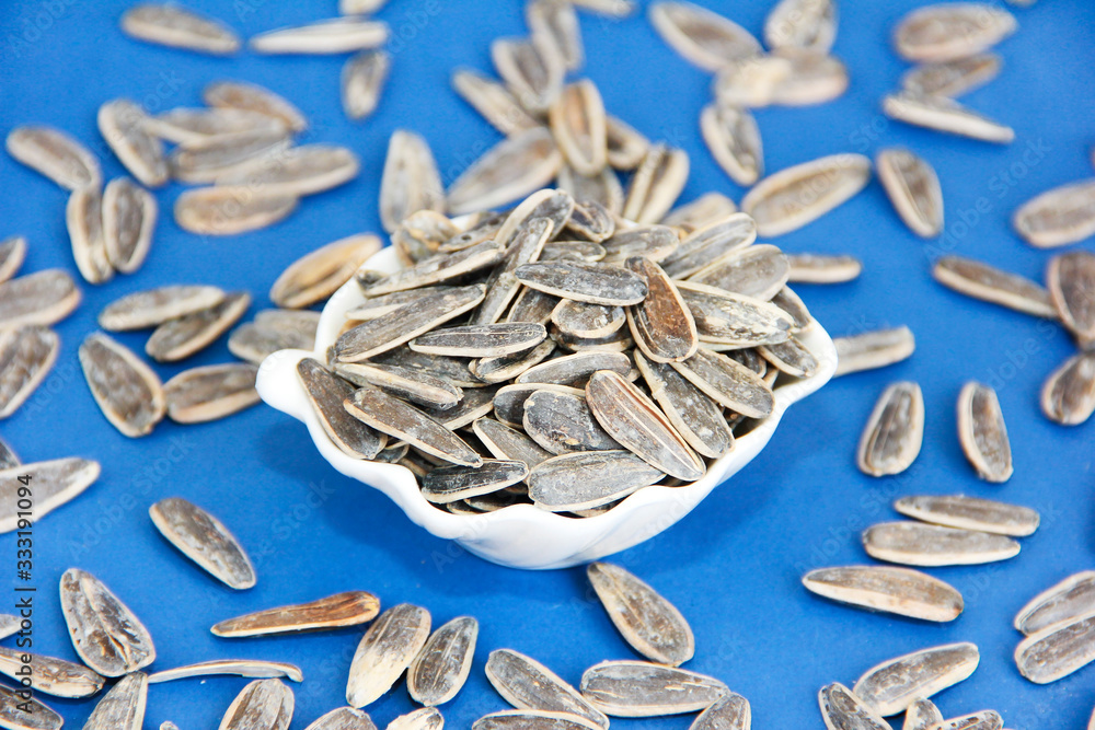 natural small sunflower seeds in a white plate on a blue background