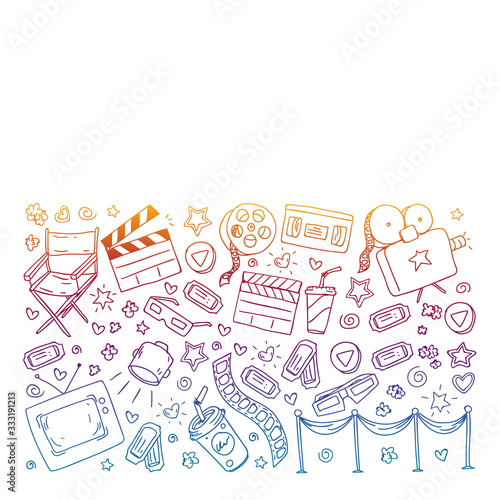 Coloring page. Online internet cinema pattern with vector icons for wrapping paper  posters  banners  leaflets. 3d movie  tv  musical.