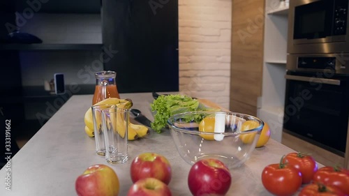 Close up of fresh natural fruits and vegetables which waiting for their time for praparation salad and juice photo