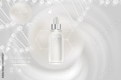 Beauty product ad design, white cosmetic container with collagen solution advertising background ready to use, luxury skin care banner, illustration vector.