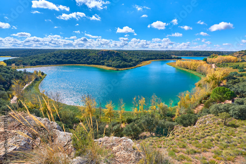 Landscape view of the Laguna Conceja Lake of the Lagunas de Ruidera Lakes Natural Park, Albacete province, Castilla la Mancha, Spain