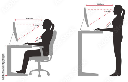 Correct sitting and standing posture when using a computer silhouette