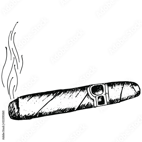 Hand drawing Cuban cigar with smoke on white background. Sketch cigarettes for label, cover, logo, and banner. Association with rest, vacation, summer, alcohol. For print, labels, covers and logo.