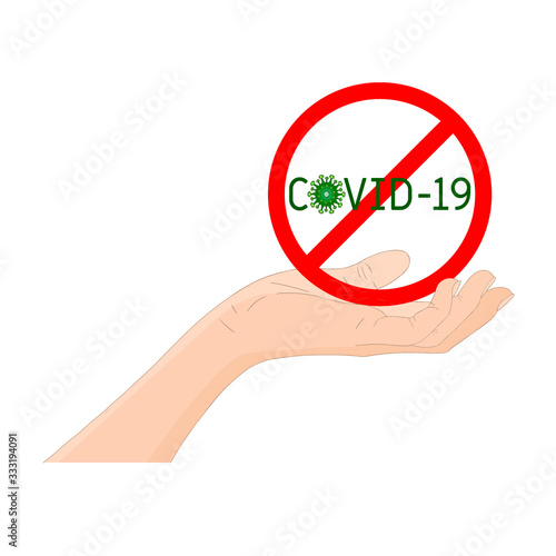 Vector human hand holding picture that shows coronavirus with deny symbol. Stop coronavirus