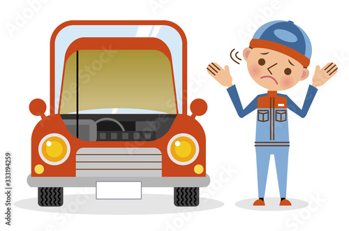 お手上げポーズの自動車整備士とボンネットの開いた車