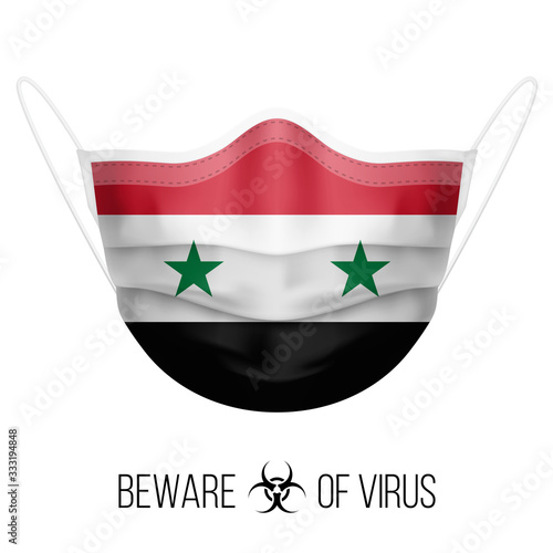 Medical Mask with National Flag of Syria as Icon on White. Protective Mask Virus and Flu. Surgery Concept of Health Care Problems and Fight Novel Coronavirus (2019-nCoV) in Form of Syrian flag