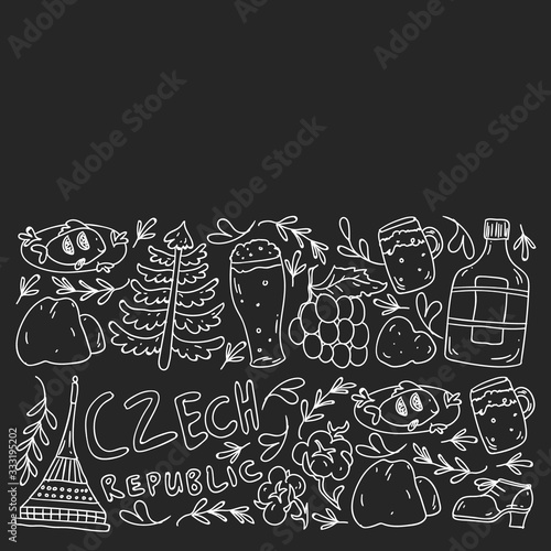 Vector pattern with symbols of Czech Republic. Set with tourism icons and landscapes elements. Travel to country. City, cathedral, building, European architecture. Illustration with landmarks