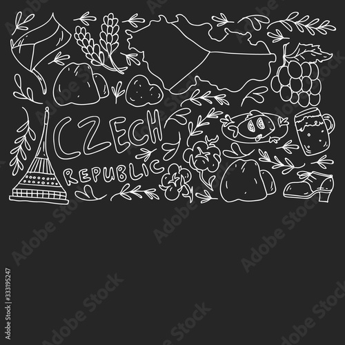 Vector pattern with symbols of Czech Republic. Set with tourism icons and landscapes elements. Travel to country. City, cathedral, building, European architecture. Illustration with landmarks