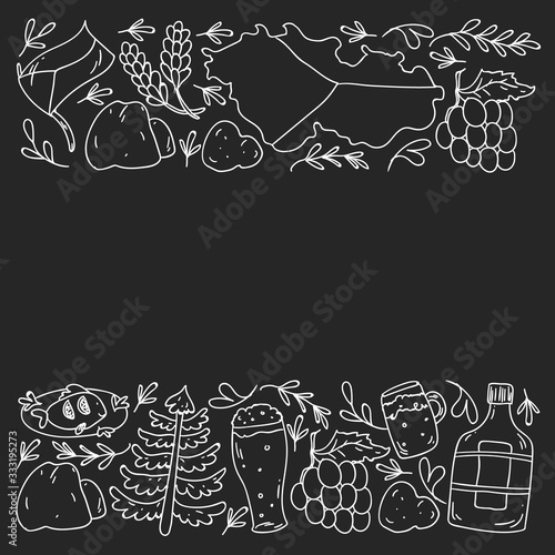 Vector pattern with symbols of Czech Republic. Set with tourism icons and landscapes elements. Travel to country. City, cathedral, building, European architecture. Illustration with landmarks