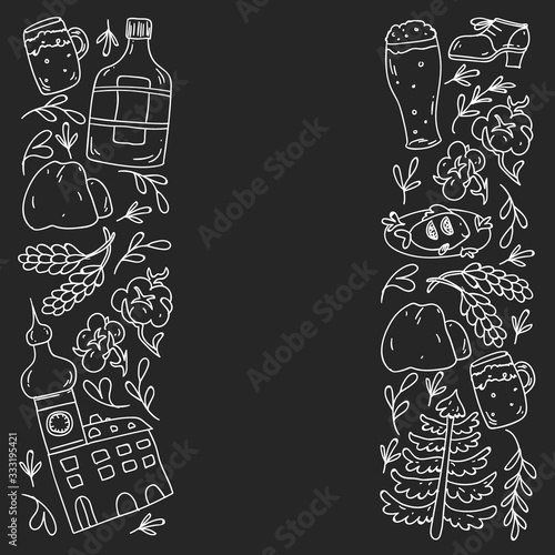 Vector pattern with symbols of Czech Republic. Set with tourism icons and landscapes elements. Travel to country. City, cathedral, building, European architecture. Illustration with landmarks