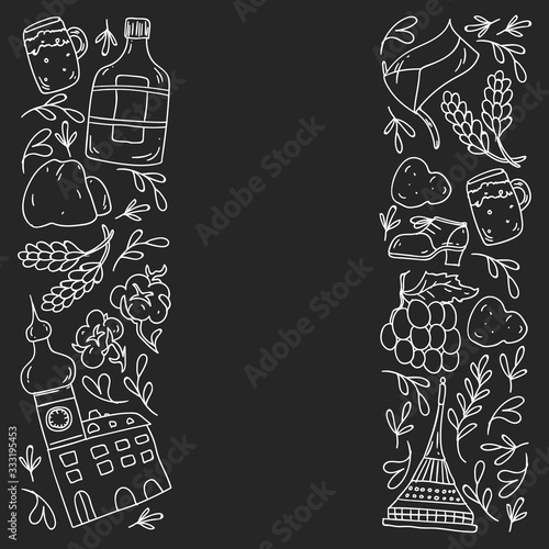 Vector pattern with symbols of Czech Republic. Set with tourism icons and landscapes elements. Travel to country. City, cathedral, building, European architecture. Illustration with landmarks