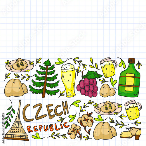 Vector pattern with symbols of Czech Republic. Set with tourism icons and landscapes elements. Travel to country. City, cathedral, building, European architecture. Illustration with landmarks