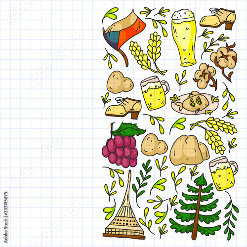 Vector pattern with symbols of Czech Republic. Set with tourism icons and landscapes elements. Travel to country. City, cathedral, building, European architecture. Illustration with landmarks