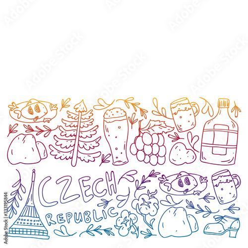 Vector pattern with symbols of Czech Republic. Set with tourism icons and landscapes elements. Travel to country. City, cathedral, building, European architecture. Illustration with landmarks