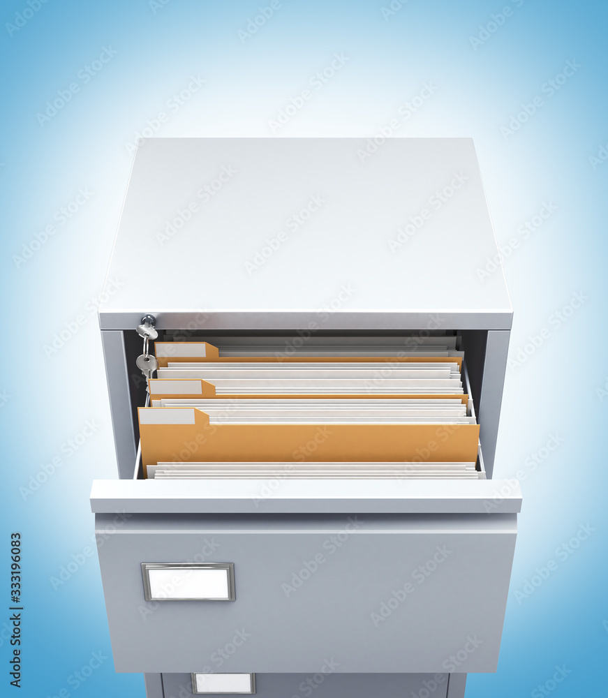 metal cabinet, open box with documents, top view. 3d illustration metal cabinet, open box with documents, top view. 3d illustration