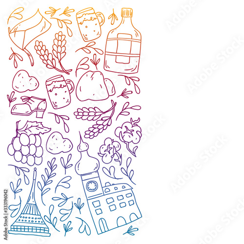 Vector pattern with symbols of Czech Republic. Set with tourism icons and landscapes elements. Travel to country. City, cathedral, building, European architecture. Illustration with landmarks