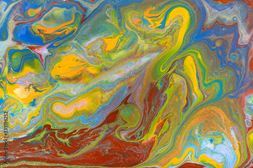 Blue and orange marbling liquid background. Fluid art abstract texture. Mixed acrylic inks.