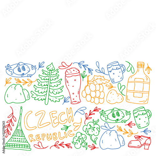 Vector pattern with symbols of Czech Republic. Set with tourism icons and landscapes elements. Travel to country. City, cathedral, building, European architecture. Illustration with landmarks