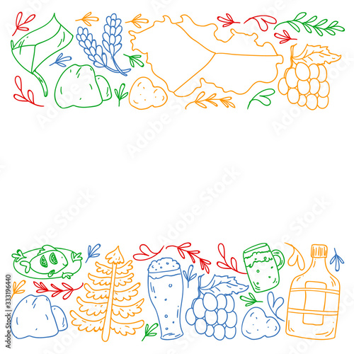 Vector pattern with symbols of Czech Republic. Set with tourism icons and landscapes elements. Travel to country. City, cathedral, building, European architecture. Illustration with landmarks