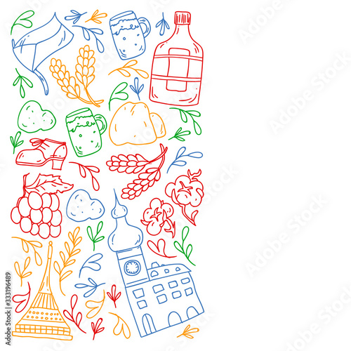 Vector pattern with symbols of Czech Republic. Set with tourism icons and landscapes elements. Travel to country. City, cathedral, building, European architecture. Illustration with landmarks