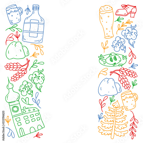 Vector pattern with symbols of Czech Republic. Set with tourism icons and landscapes elements. Travel to country. City, cathedral, building, European architecture. Illustration with landmarks