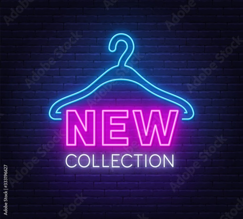New collection neon sign on brick wall background. Vector illustration.