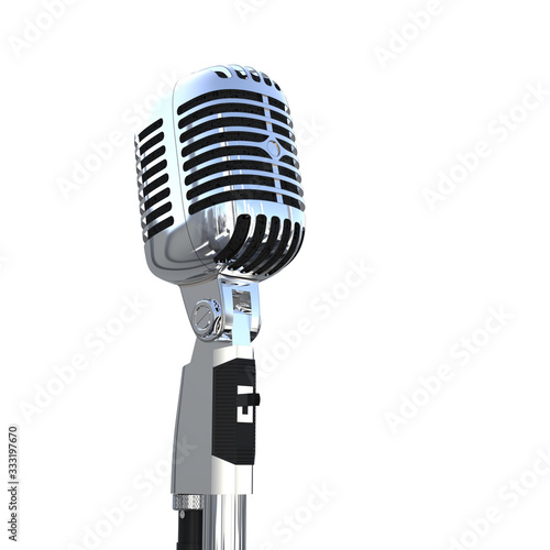 Polished Metal Retro Microphone. 3D Render Isolated on White with Copy Space.