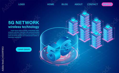 5G network wireless technology communication and data center. Isometric flat design vector illustration