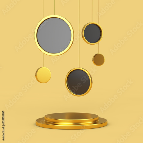 Canvas Print Empty Golden Pedestal with Hanging Abstract Circles. 3d Rendering