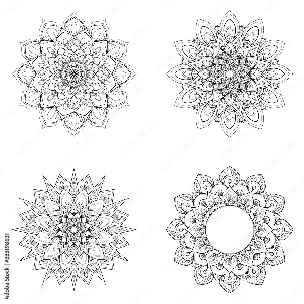 Set of four round mandalas for greeting card, invitation, Henna drawing and tattoo template. Vector illustration Set of four round mandalas for greeting card, invitation, Henna drawing and tattoo template. Vector illustration
