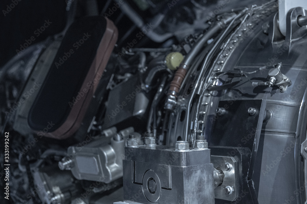 Turbine Engine. Aviation Technologies. Aircraft jet engine detail during maintenance.