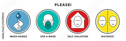 Recommendations for the prevention of viral infectious diseases. Preventive measures to maintain health. Wash your hands, use a mask, keep your distance and isolate yourself. Isolated vector elements.
