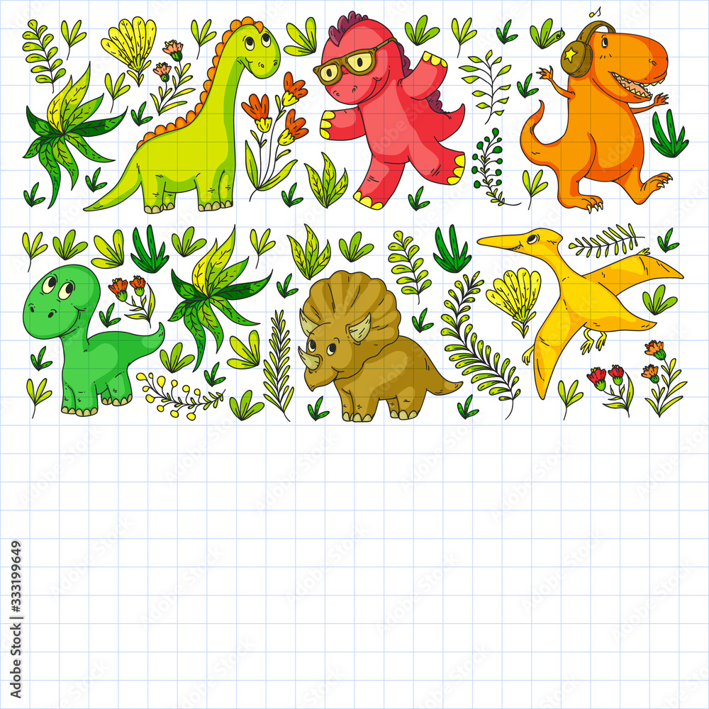 Fototapeta premium Pattern kids fabric, textile, nursery wallpaper. Vector illustration. Hand drawn dinosaurs, dino for little children.