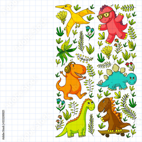 Pattern kids fabric  textile  nursery wallpaper. Vector illustration. Hand drawn dinosaurs  dino for little children.