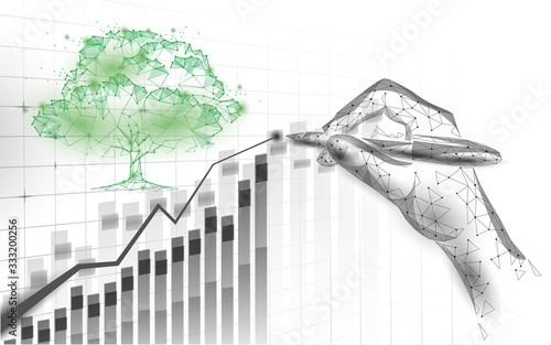 3D digital ecology positive trend concept. Nature save planet business idea increase profits marketing. Investment control hand pen drawing graphic vector illustration