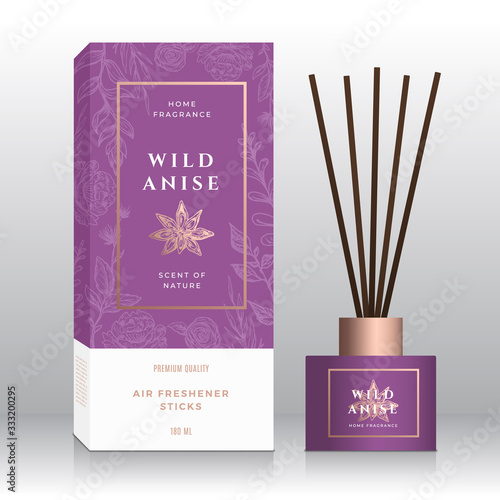 Anise Spice Home Fragrance Sticks Abstract Vector Label Box Template. Hand Drawn Sketch Flowers, Leaves Background. Retro Typography. Room Perfume Packaging Design Layout. Realistic Mockup.