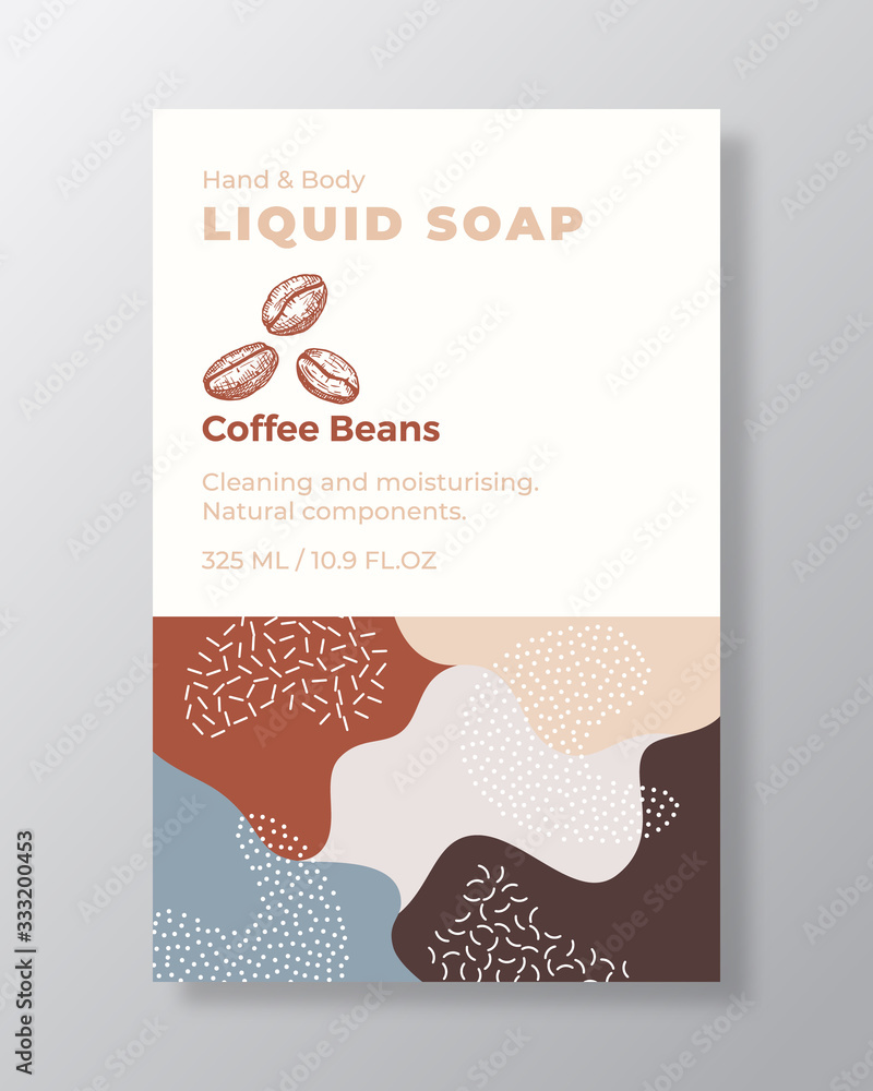 Fototapeta premium Liquid Soap Package Label Template. Abstract Shapes Camo Background Vector Cover. Cosmetics Packaging Design. Modern Typography and Hand Drawn Coffee Beans Sketch.