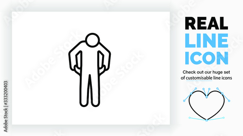 Editable real line icon of a stick figure person being broke pulling out his pockets but there is no money in modern black lines on a clean white background as a eps vector file