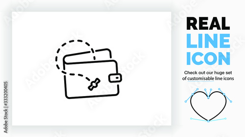 Editable real line icon of a empty wallet with a fly flying out of it as a symbol for being broke in modern black lines on a clean white background as a eps vector file