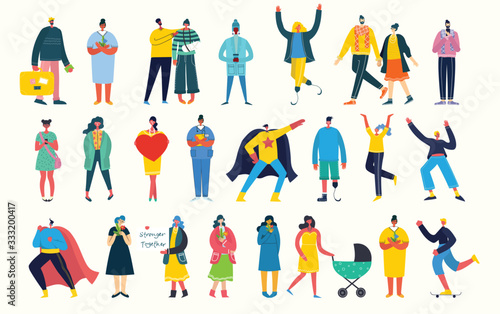 Bundle of cartoon men and women performing activities. Flat colorful vector illustration people walking,standing, talking, running, jumping, sitting, dancing