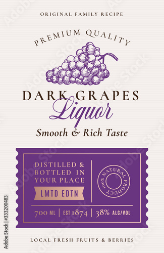 Family Recipe Grapes Liquor Acohol Label. Abstract Vector Packaging Design Layout. Modern Typography Banner with Hand Drawn Grape Berries Silhouette Logo and Background.