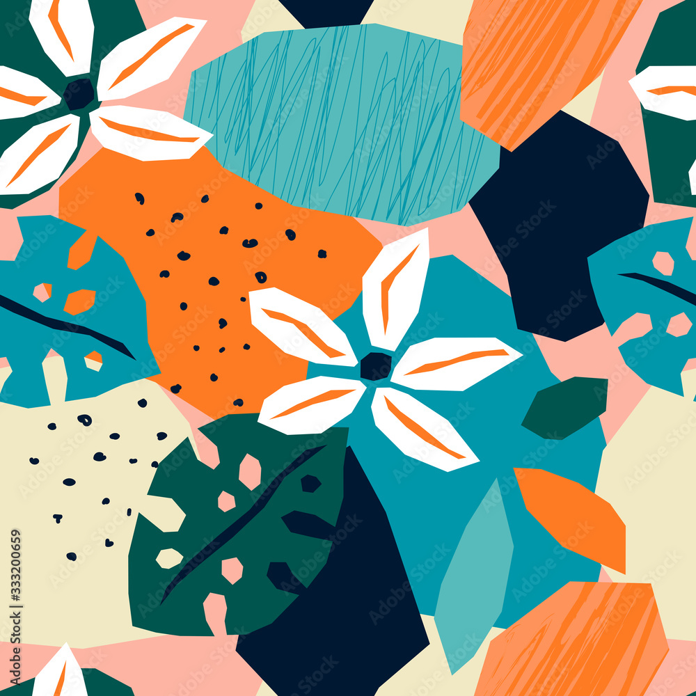 Trendy tropical paper cut collage with abstract floral elements, seamless pattern in flat design contemporary style, vector illustration