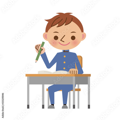 机に座って勉強をする男子中学生・高校生