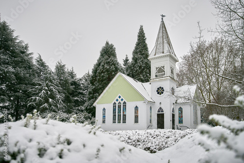Winter Church and Fresh Snow. The historic Richmond Chapel in Minoru Park with a blanket of fresh snow.